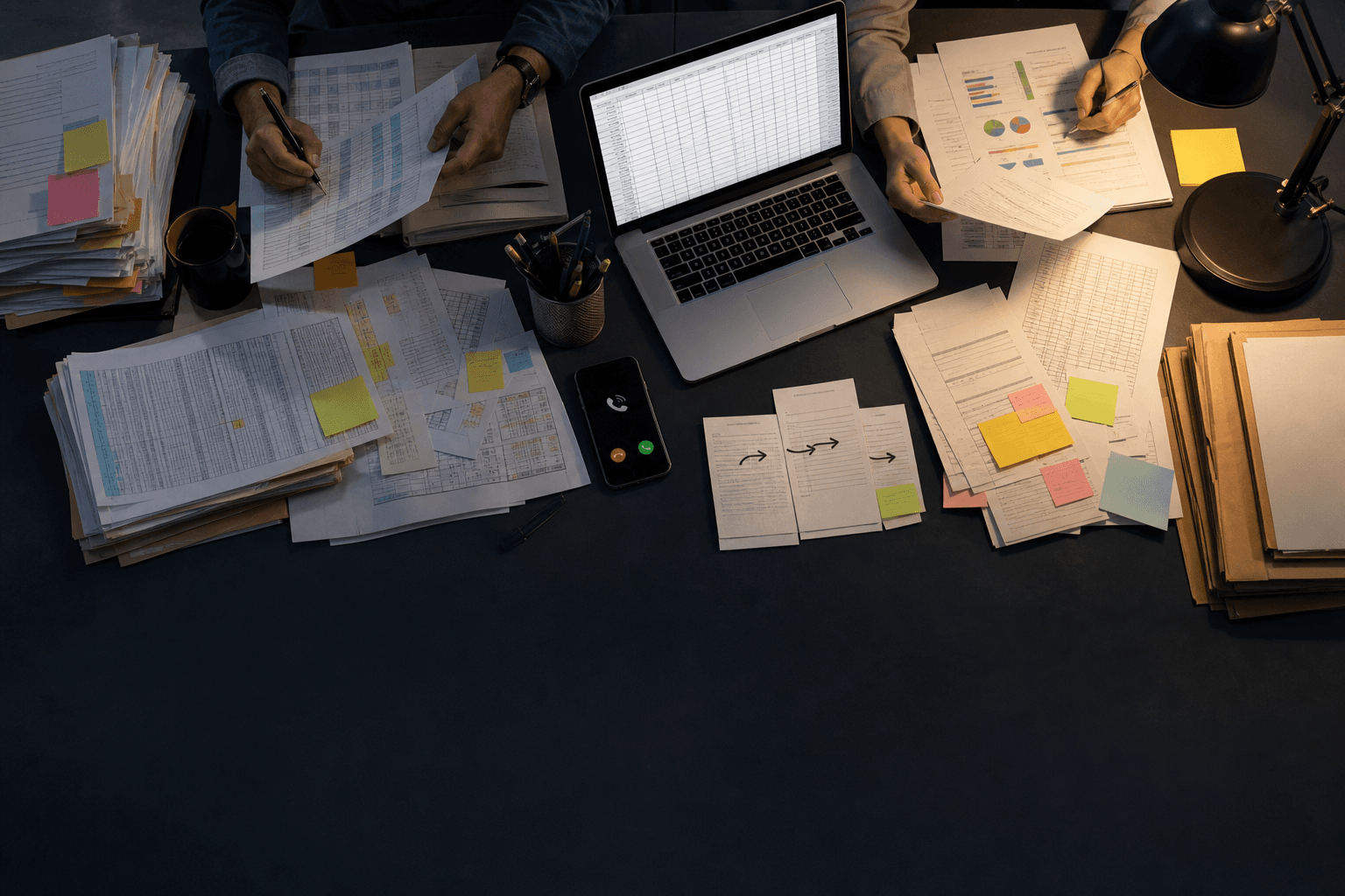 Manual operations desk with spreadsheet printouts, paper handoffs and disconnected work